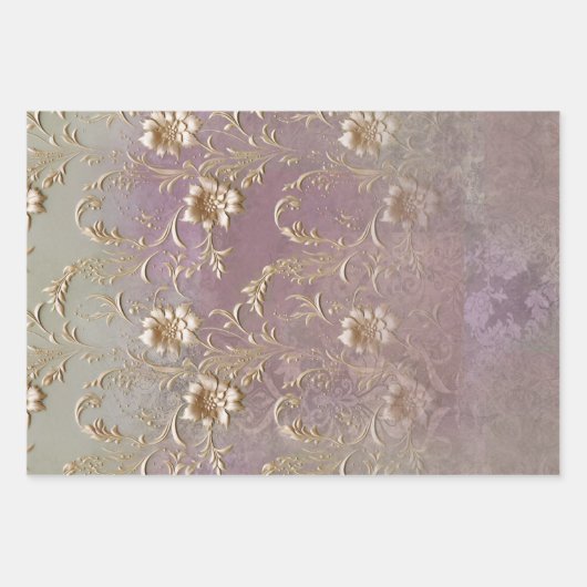 薄紫&グリーンポートレート、フローラ、エンボスアート ラッピングペーパーシート (正面3)