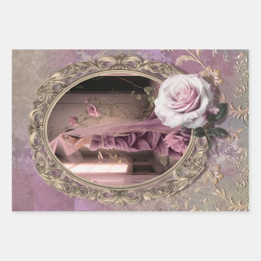 薄紫&グリーンポートレート、フローラ、エンボスアート ラッピングペーパーシート (正面)