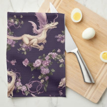 薄紫、バラ、およびホワイトドラゴンキッチンタオル