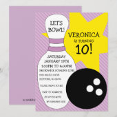 薄紫·パープル·ボーリング·バッシュ·ボーリング·バースデー·パーティー 招待状 (正面/裏面)