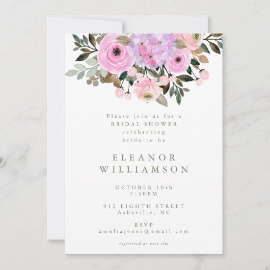 薄紫&ピンクフローラブーケブライダルシャワー 招待状 (正面)