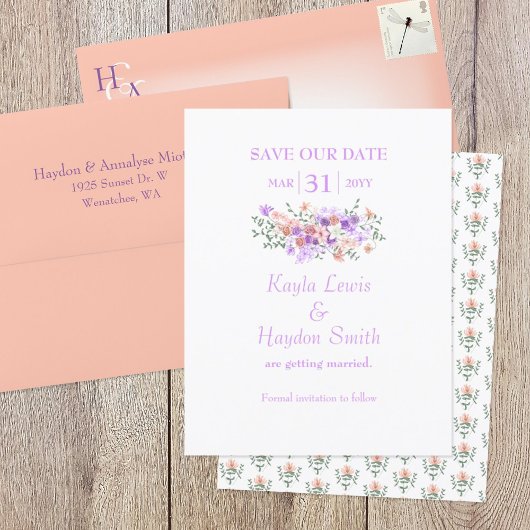 薄紫&ピーチブーケウェディング日付を保存 招待状