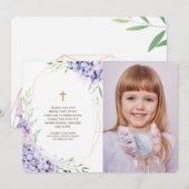 薄紫·フローラ·ジオメトリック·フォト·コミュニオンありがとう サンキューカード (正面/裏面)