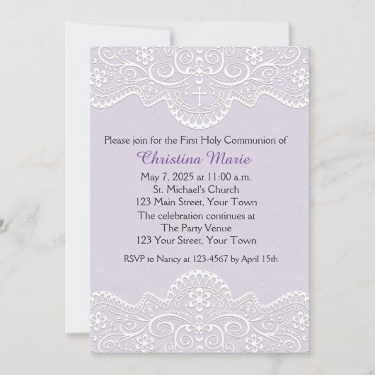 薄紫(レース、十字、宗教) 招待状 (正面)
