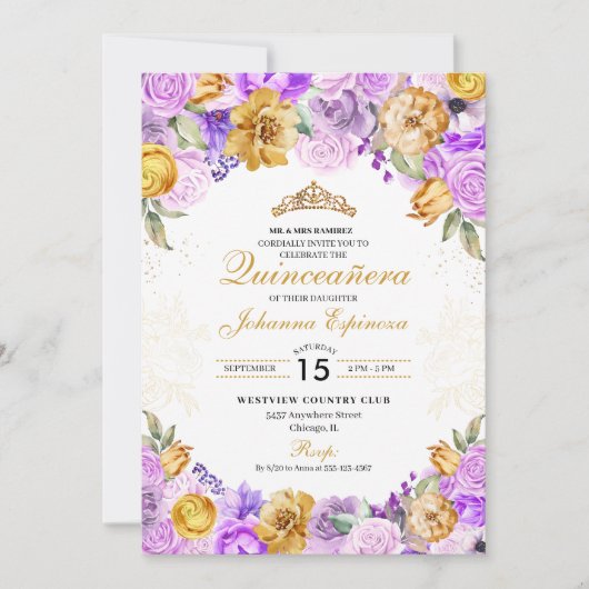 薄紫&金ゴールドフローラグリッターティアラキンセアニェラ 招待状 (正面)