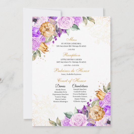 薄紫&金ゴールドフローラグリッターティアラキンセアニェラ 招待状 (裏面)