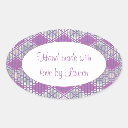 薄紫AGYLEニット楕円「手作り」ステッカー 楕円形シール (正面)