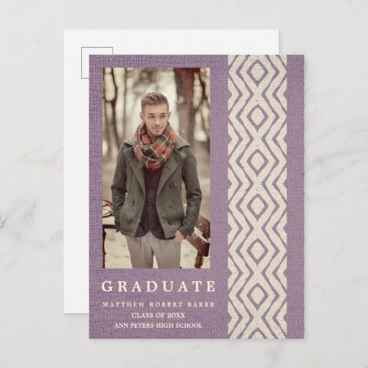 薄紫Bohoトライバルテクスチャー写真卒業 案内ポストカード (正面/裏面)