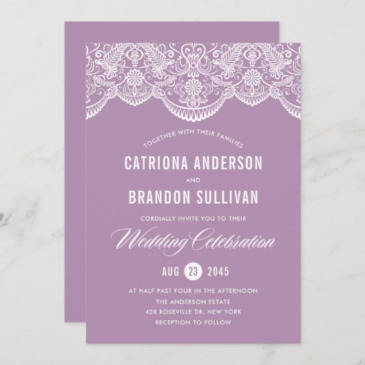 薄紫Brocadeレース結婚式招待状II 招待状 (正面/裏面)