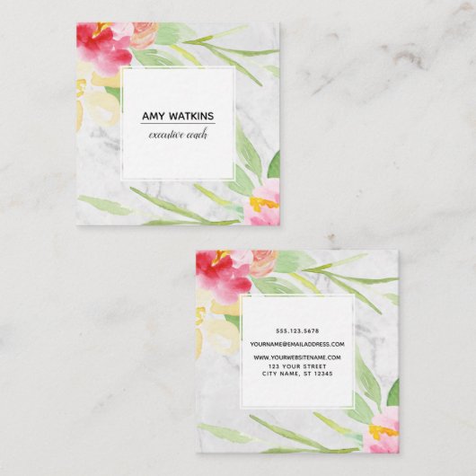 薄絵を描い灰色の大理石の上に水色の花 スクエア名刺 (正面/裏面)