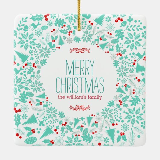 薄緑のクリスマスリースメリークリスマス セラミックオーナメント (裏面)