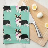 薄緑の三色のコーギー キッチンタオル (四つ折り)