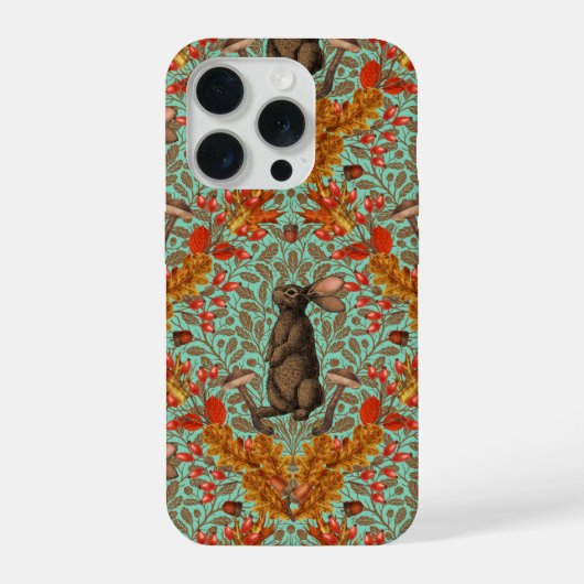 薄緑の背景の秋のウサギ iPhoneケース (裏面)