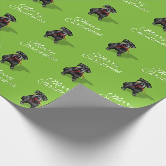 薄緑の黒いシュナウツァー犬のメリークリスマス ラッピングペーパー (角)