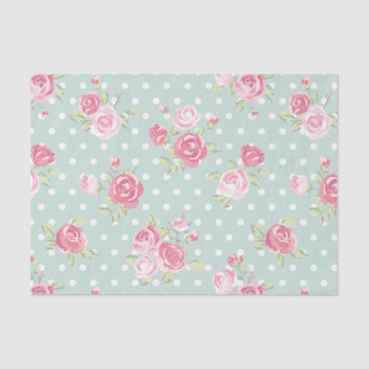 薄緑の、ピンクのバラ、ぼろぼろの上品、パターン、ヴィンテージ 薄葉紙 (正面)