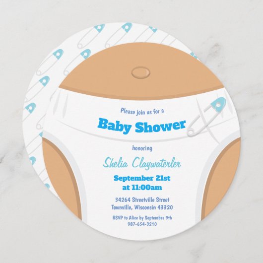 薄茶の皮及びおむつの青|のベビーシャワー 招待状 (正面/裏面)