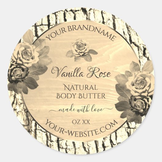 薄茶色の木目セピアバラ製品ラベル ラウンドシール (正面)