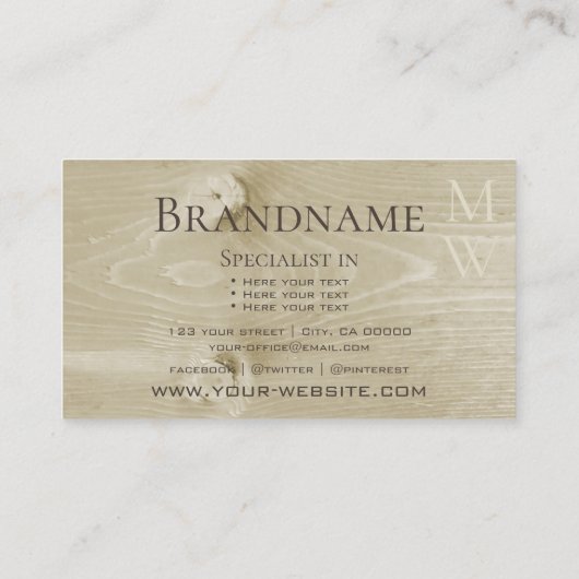 薄茶色の木製ボード木目の外観イニシャル 名刺 (裏面)