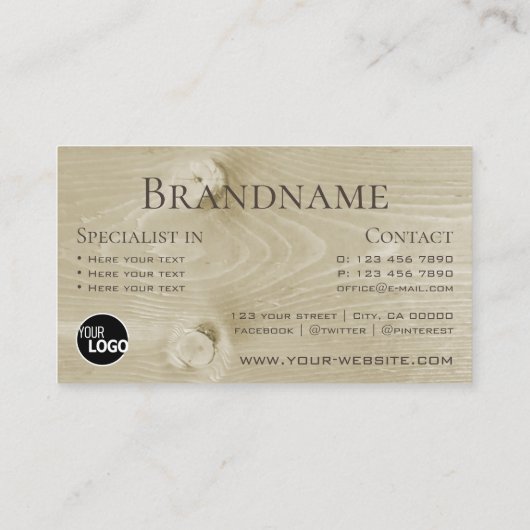 薄茶色の木製ボード木目ルック追加ロゴ 名刺 (裏面)