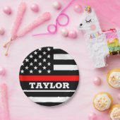 薄赤線プレート、米国パーソナライズされた消防士の国旗 ペーパープレート (パーティー)