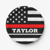 薄赤線プレート、米国パーソナライズされた消防士の国旗 ペーパープレート (正面)