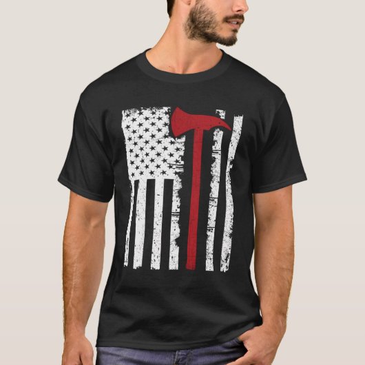 薄赤線消防士Axアメリカ国旗T-Shir Tシャツ (正面)