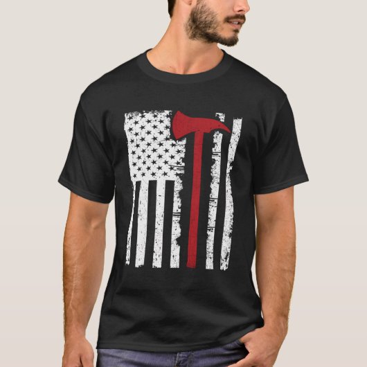 薄赤線消防士Axアメリカ国旗T-Shir Tシャツ (正面)