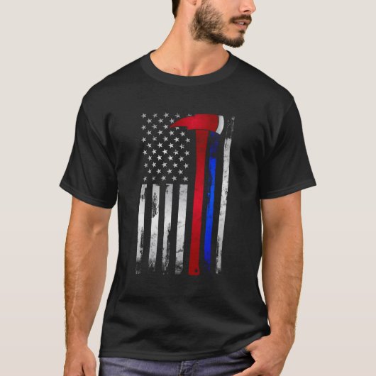 薄赤青ラインアメリカ国旗Ax消防士P Tシャツ (正面)
