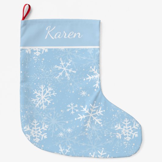 薄青と白の雪の結晶の名前クリスマス ラージクリスマスストッキング (正面)