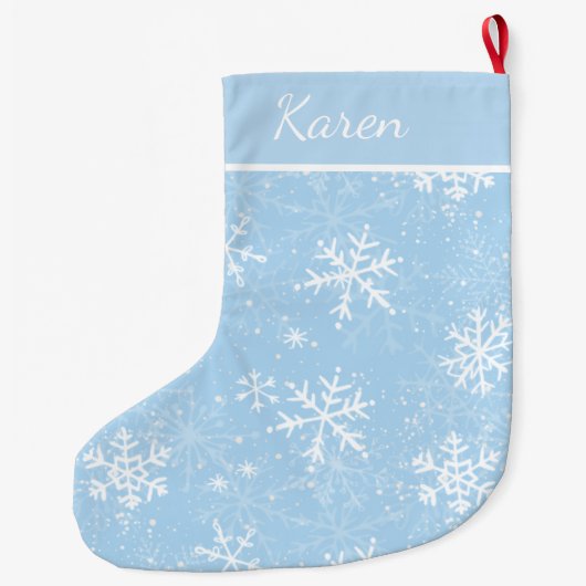 薄青と白の雪の結晶の名前クリスマス ラージクリスマスストッキング (裏面)