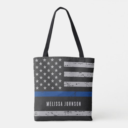 薄青パーソナライズされた線US旗警察官 トートバッグ (裏面)