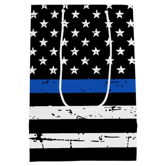 薄青ラインのアメリカ国旗の警官 ミディアムペーパーバッグ (裏面)