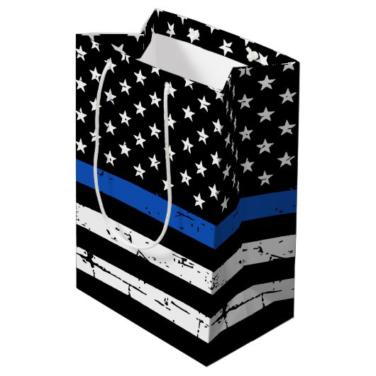 薄青ラインのアメリカ国旗の警官 ミディアムペーパーバッグ (裏面アングル)