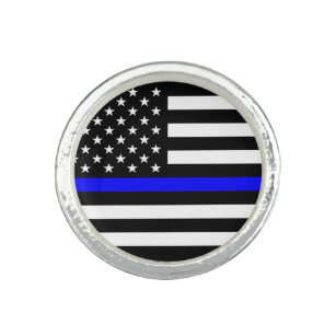 薄青ライン警察コップアメリカ国旗 リング