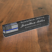 薄青ライン警察官米国国旗 デスクネームプレート (側面)