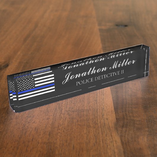 薄青ライン警察官米国国旗 デスクネームプレート (側面)