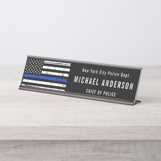 薄青ライン警察官米国国旗 デスクネームプレート (正面)