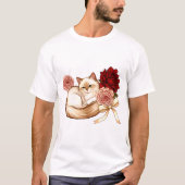 薔薇の夢: 花と戯れる丸まった猫 Tシャツ (正面)