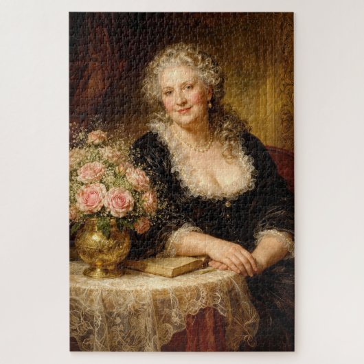 薔薇の花束を持つビンテージの女性 ジグソーパズル (縦)