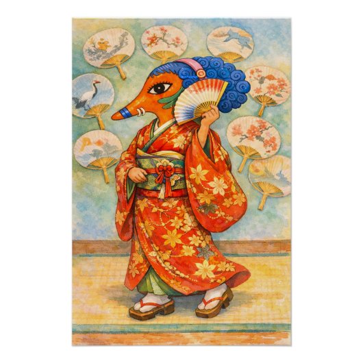 薔薇を持つ着物の狐 – 日本の狐の霊 ポスター (正面)