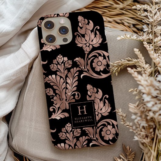 薔薇金とブラックの植物モノグラム柄 Case-Mate iPhoneケース
