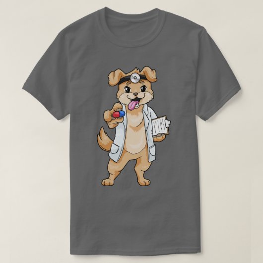 薬とメモ帳を持つ医師としての犬 Tシャツ (デザイン正面)