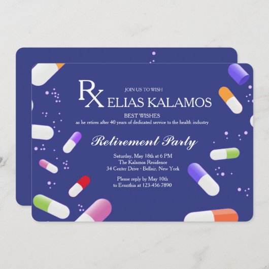 薬剤カプセル退職パーティの招待状 招待状 (正面/裏面)