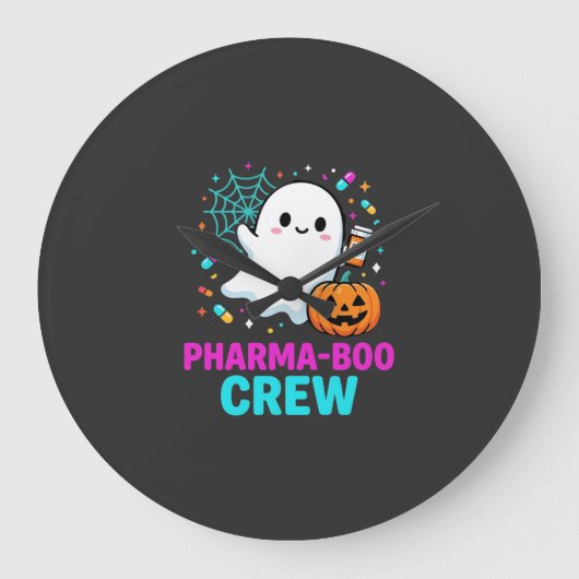 薬剤師のハロウィーン・ファーマブー・クルー・ゴーストデザイン ラージ壁時計 (正面)