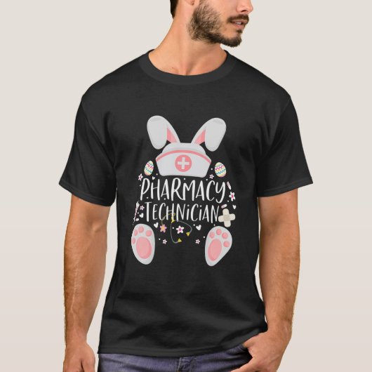 薬局おもしろい技術者バニー薬剤師ハッピーE Tシャツ (正面)