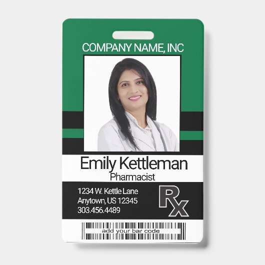 薬局技術者フォトバッジ – 緑と黒 バッジ (正面)