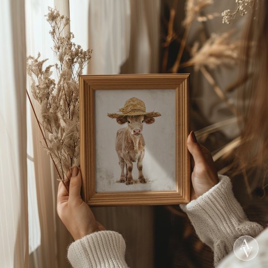 藁帽子ファームウお洒落ェブカーフ付き牛 ポスター