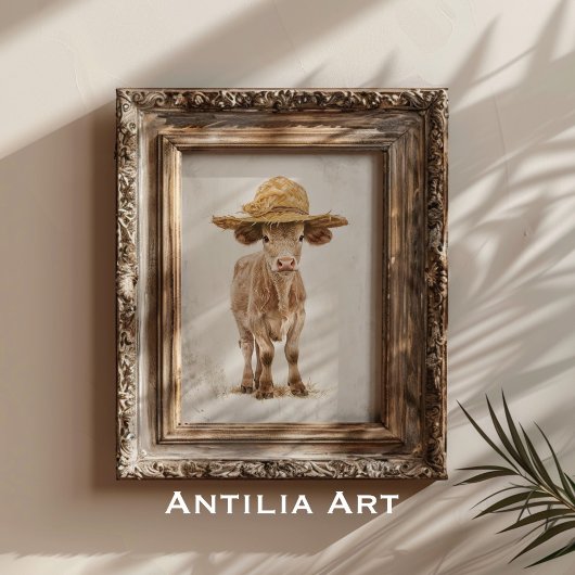 藁帽子ファームウお洒落ェブカーフ付き牛 ポスター