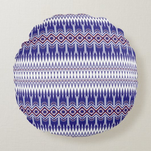 藍布にカラフルの花 ラウンドクッション (正面)
