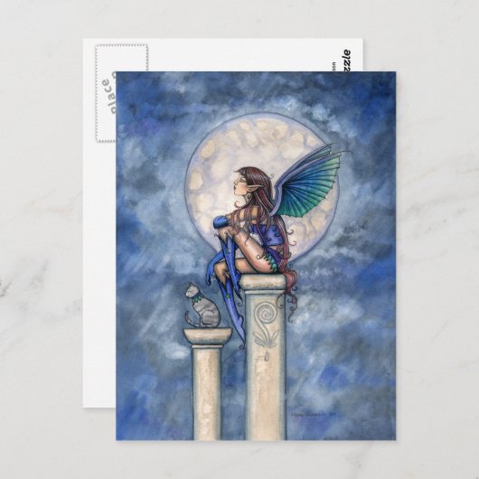 藍月の妖精と猫はがき ポストカード (正面/裏面)